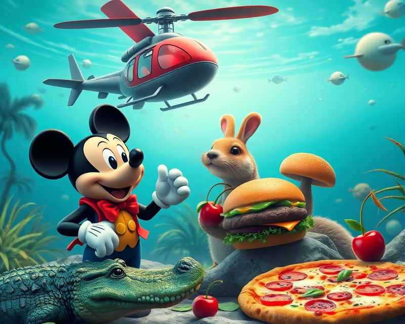 mickey mouse, alligator, rabbit, armadillo, helicopter, cherry, otter, pizza, fish tank, hamburger, palm tree, ostrich